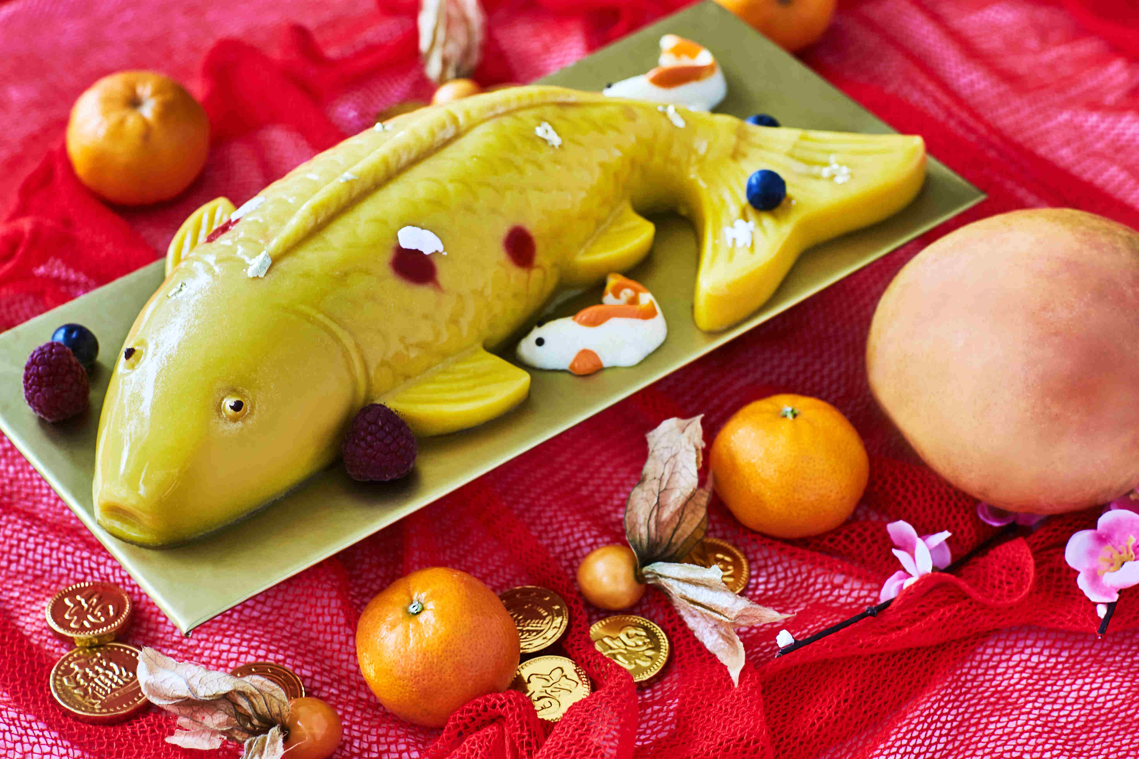 Joyous Gong Hei Fatt Choy Fish Mango Pudding with Mandarin Orange